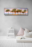 a painting of three palm trees on a beach
