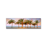 a group of palm trees sitting on top of a sandy beach