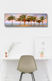 a painting of three palm trees on a beach