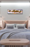a bedroom with a large bed and a painting on the wall