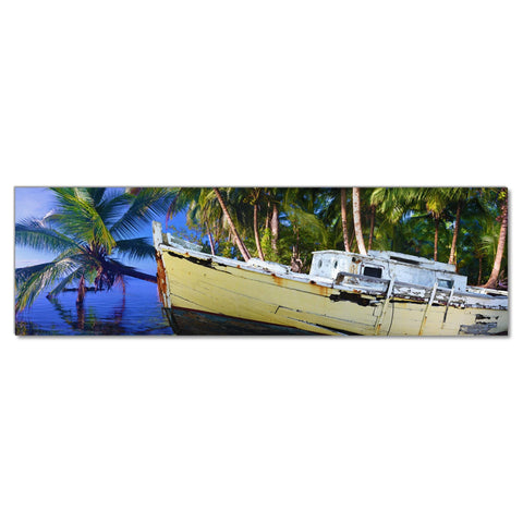 Tropical Serenity A Boat Amidst Palm Trees - Museum Quality Giclee Canvas Print Stretched