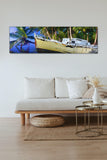 Tropical Serenity A Boat Amidst Palm Trees - Museum Quality Giclee Canvas Print Stretched
