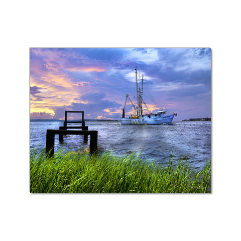 Shrimp Boat on Purple Ocean - Museum Quality Giclee Canvas Print Stretched
