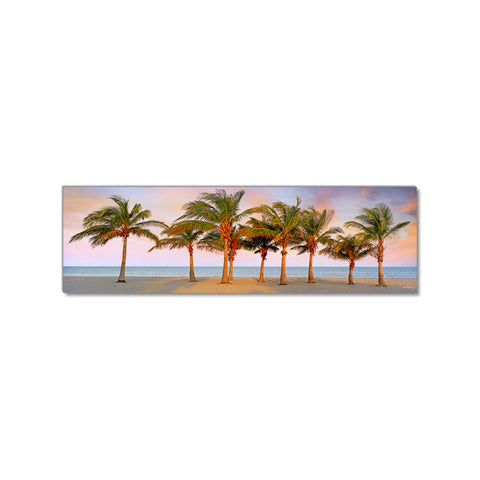 a group of palm trees sitting on top of a sandy beach